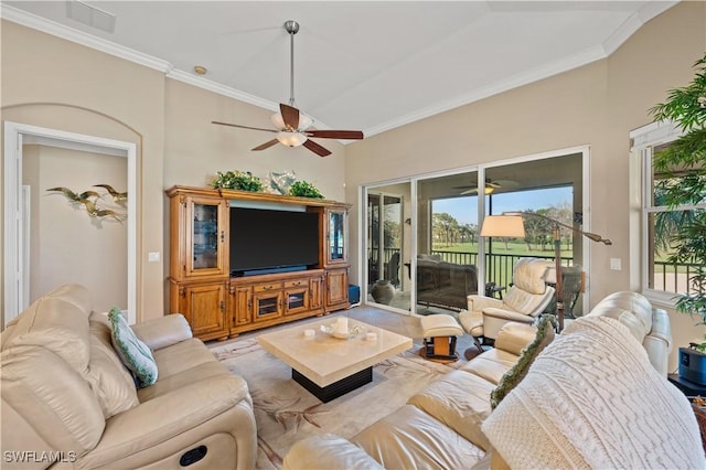 living room with crown molding and ceiling fan