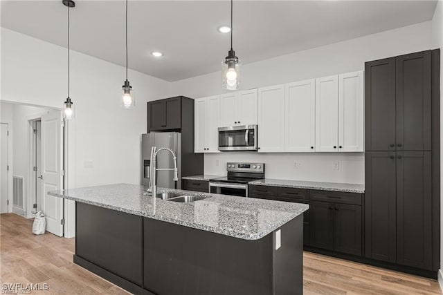 kitchen with pendant lighting, sink, light hardwood / wood-style floors, and appliances with stainless steel finishes