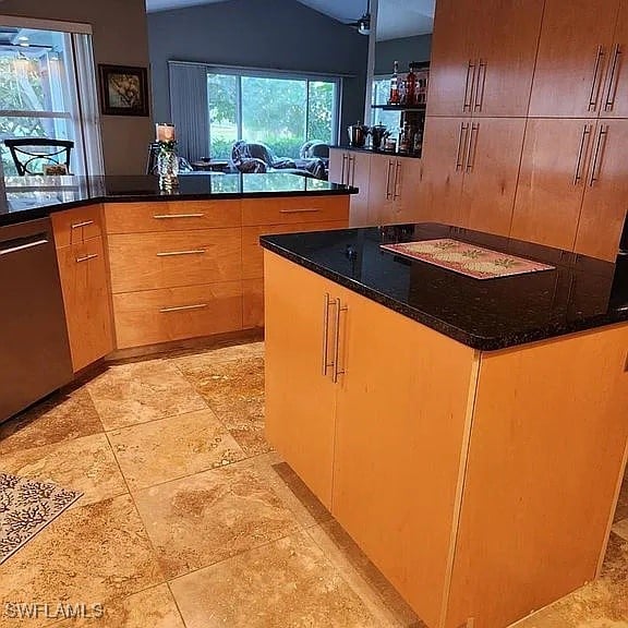 kitchen with dark stone counters, stainless steel dishwasher, and lofted ceiling