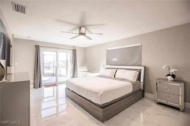 bedroom with access to exterior and ceiling fan