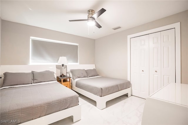 bedroom featuring ceiling fan and a closet