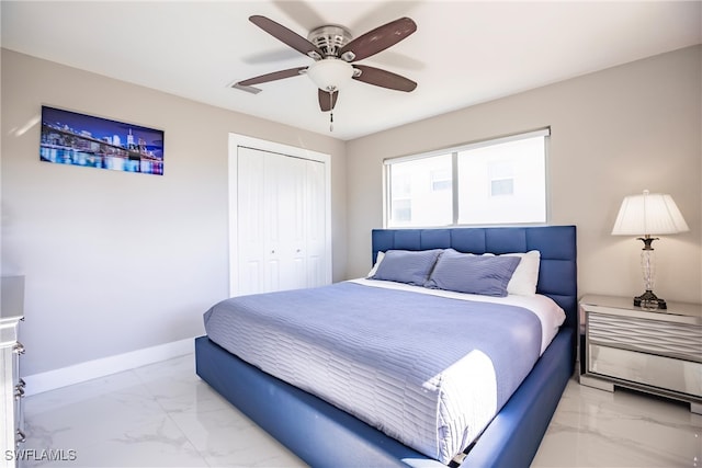 bedroom featuring ceiling fan and a closet