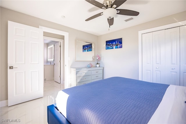 bedroom featuring ceiling fan and a closet