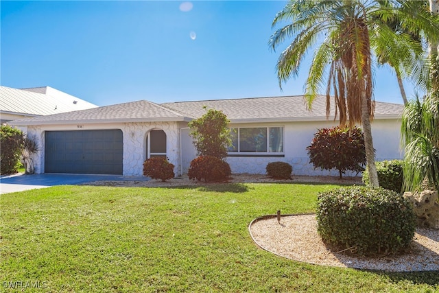 ranch-style house with a front lawn and a garage