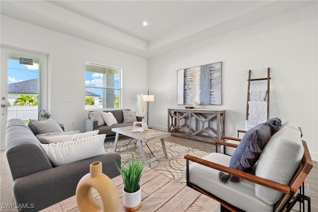 living room with light hardwood / wood-style flooring