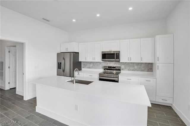 kitchen with white cabinetry, a kitchen island with sink, and appliances with stainless steel finishes