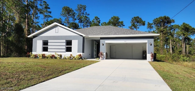 ranch-style house with a front yard and a garage