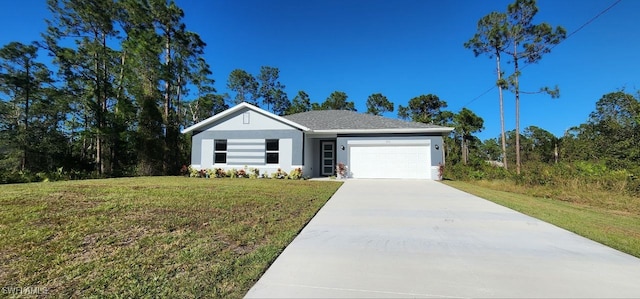 ranch-style home with a garage and a front lawn