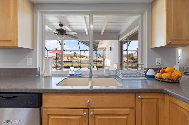 kitchen featuring stainless steel dishwasher, ceiling fan, a healthy amount of sunlight, and sink