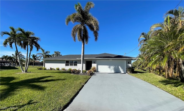 ranch-style home featuring a garage and a front yard