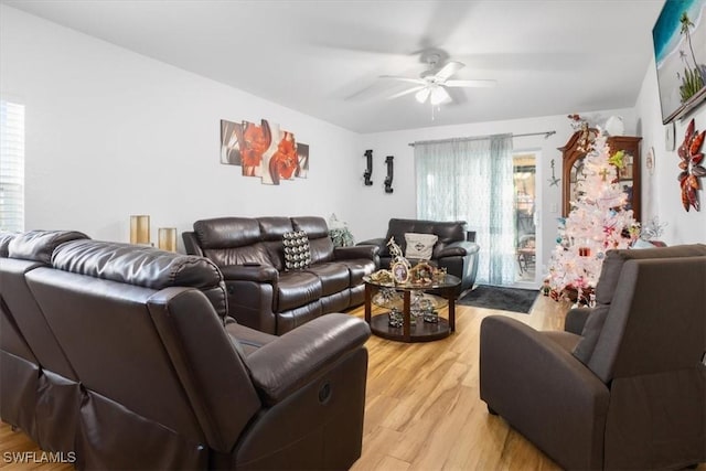 living room featuring ceiling fan and hardwood / wood-style floors