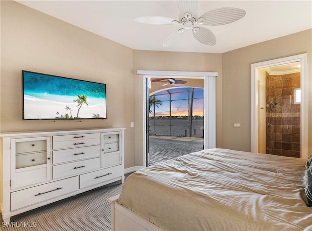 bedroom featuring access to exterior, ceiling fan, and carpet floors