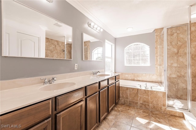 bathroom with tile patterned flooring, vanity, separate shower and tub, and ornamental molding