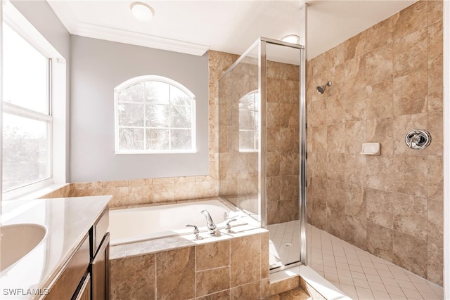 bathroom with vanity, ornamental molding, and plus walk in shower