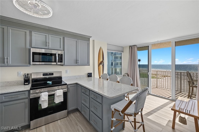 kitchen with kitchen peninsula, stainless steel appliances, gray cabinetry, and a water view