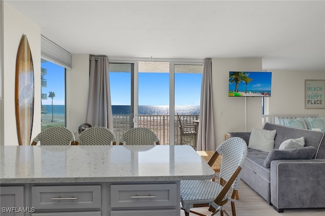 dining space featuring a water view and light hardwood / wood-style flooring