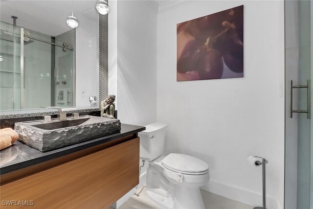 bathroom with vanity, toilet, and a shower with shower door