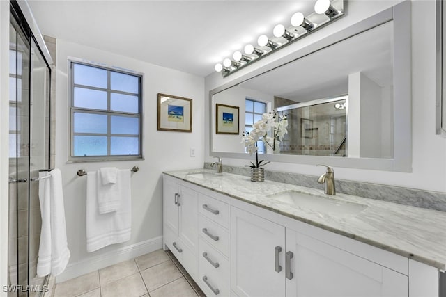 bathroom featuring tile patterned flooring, vanity, and walk in shower