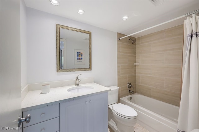 full bathroom with vanity, toilet, and shower / bathtub combination with curtain