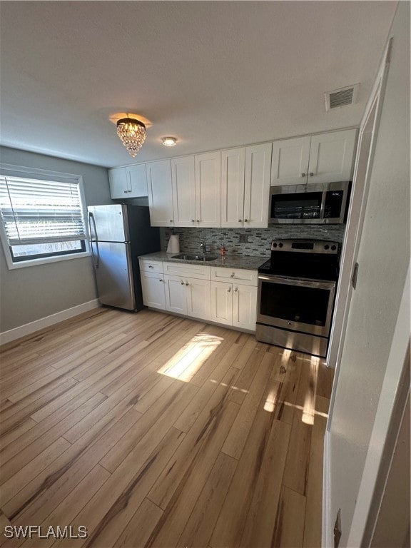 kitchen with a sink, visible vents, white cabinets, appliances with stainless steel finishes, and tasteful backsplash