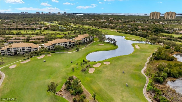 bird's eye view with golf course view and a water view