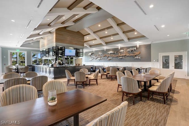 dining area with visible vents, ornamental molding, french doors, light wood-style floors, and recessed lighting