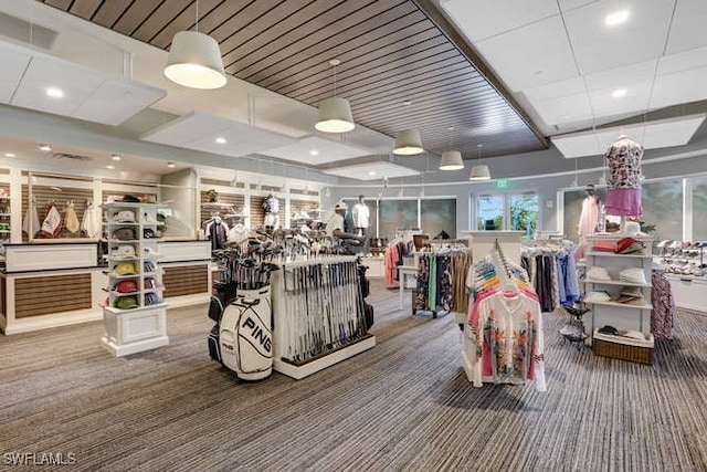 exercise room featuring recessed lighting, carpet flooring, and visible vents