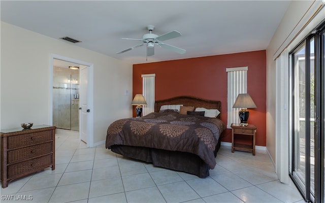 tiled bedroom featuring access to exterior, ensuite bathroom, and ceiling fan