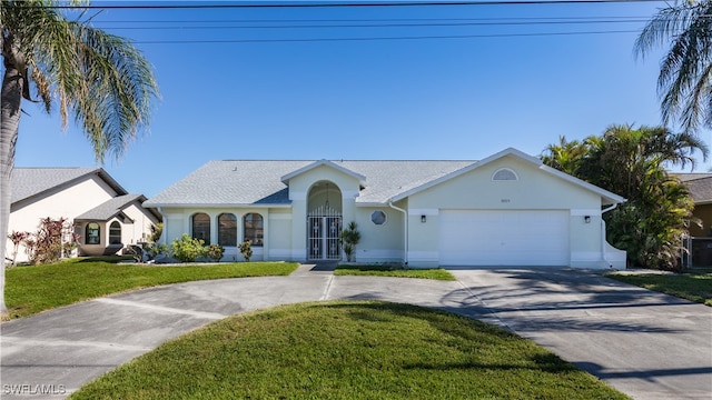 single story home with a front yard and a garage