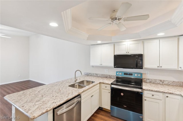 kitchen with a peninsula, a tray ceiling, stainless steel appliances, and a sink