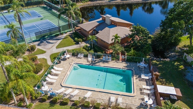 birds eye view of property featuring a water view