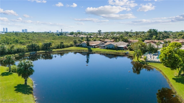 aerial view featuring a water view and a residential view