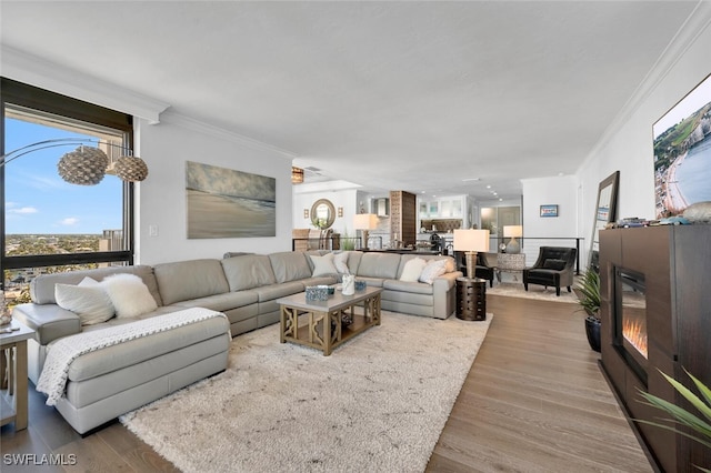 living room with hardwood / wood-style floors and crown molding