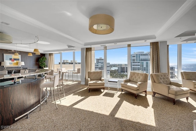 carpeted living room featuring a water view and a tray ceiling