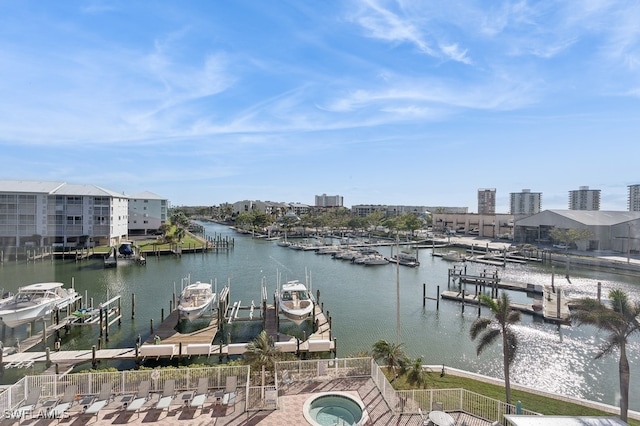 water view featuring a dock