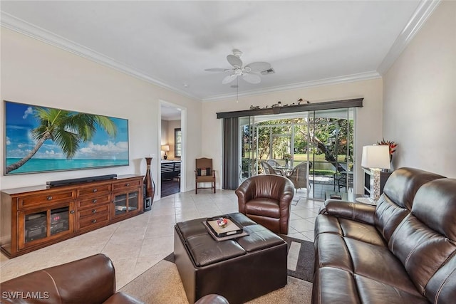 tiled living room featuring crown molding and ceiling fan