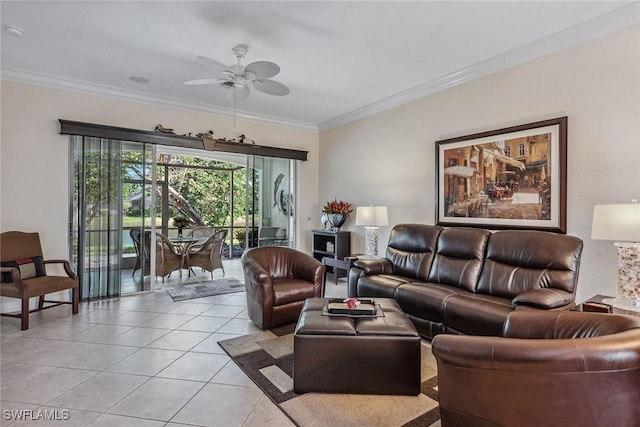 living room featuring light tile patterned floors, ceiling fan, and ornamental molding