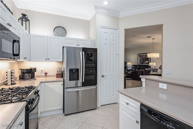 kitchen with white cabinetry, black appliances, crown molding, and light countertops