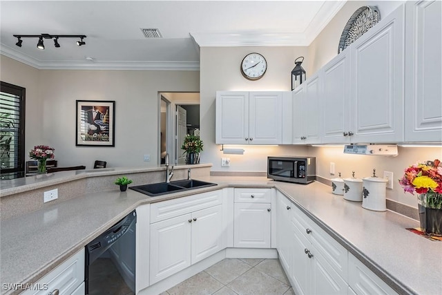 kitchen with stainless steel microwave, crown molding, black dishwasher, and a sink