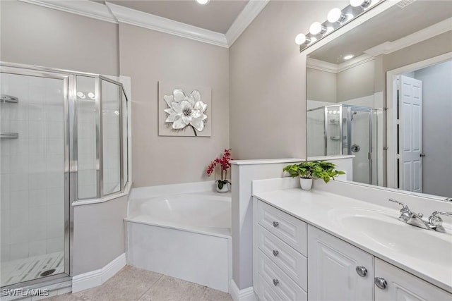 full bathroom featuring tile patterned floors, a shower stall, vanity, and crown molding