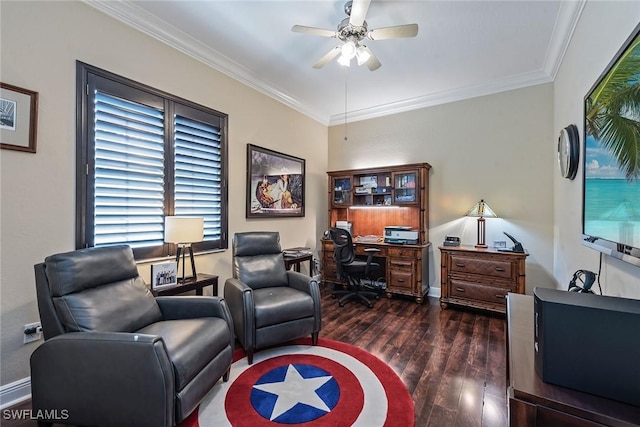 interior space with ceiling fan, baseboards, wood finished floors, and ornamental molding