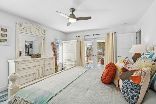 bedroom featuring ceiling fan, access to outside, french doors, and baseboards