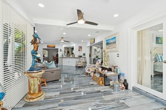 mudroom with a ceiling fan and recessed lighting