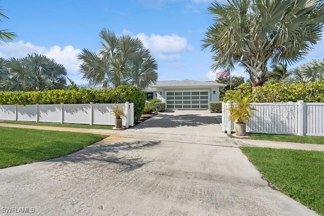 exterior space with concrete driveway, a fenced front yard, and an attached garage