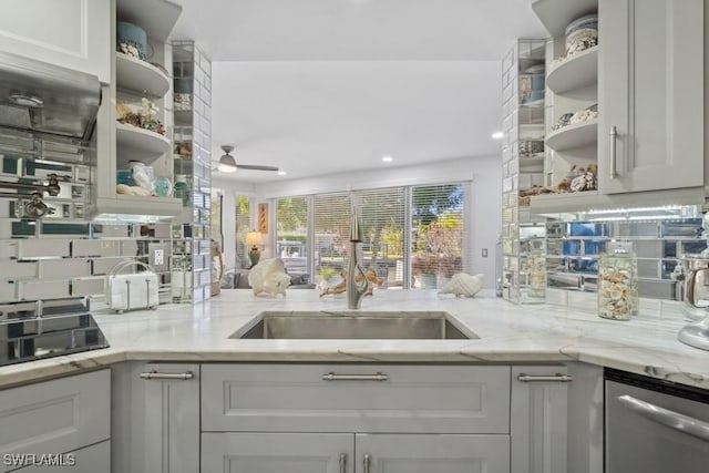 kitchen featuring open shelves, stainless steel dishwasher, black electric stovetop, and a ceiling fan