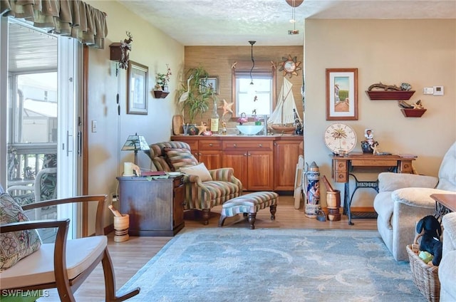 living area with a textured ceiling and light wood-type flooring