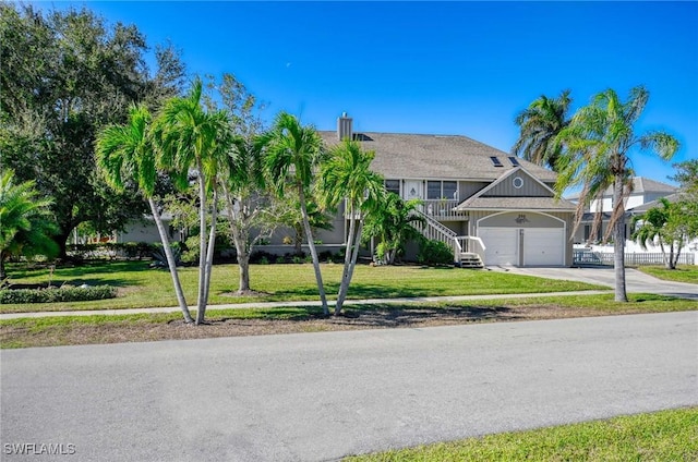 view of front of property with a garage and a front lawn