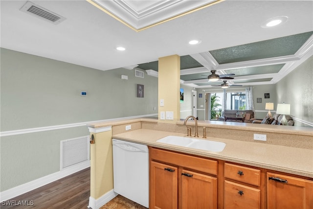 kitchen featuring dishwasher, coffered ceiling, sink, beamed ceiling, and dark hardwood / wood-style flooring