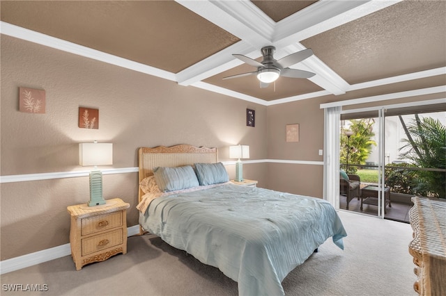 carpeted bedroom with access to exterior, coffered ceiling, ceiling fan, crown molding, and beamed ceiling