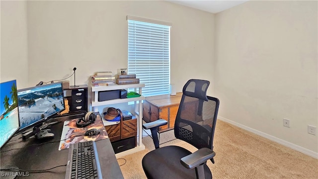 home office featuring light colored carpet